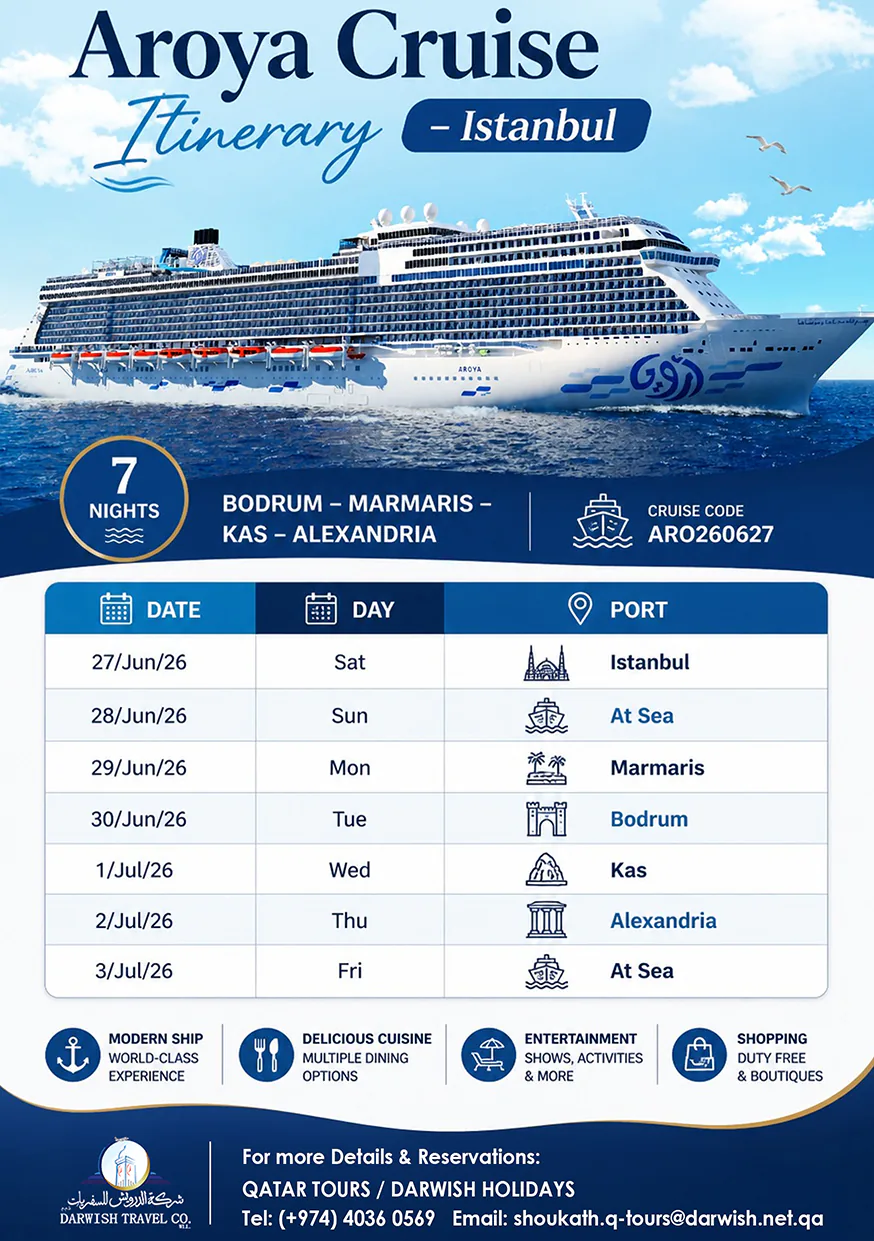Aroya Cruise — 7 night Istanbul itinerary via Bodrum, Marmaris, Kas and Alexandria, June 2026